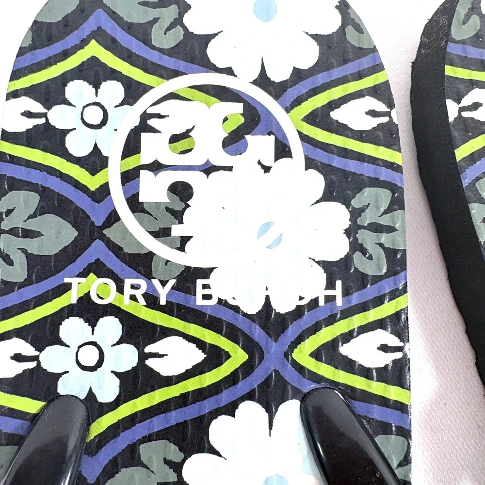 Tory Burch Flip Flop Sandals Black Floral Logo Thong Rubber Shoes Women Sz 9